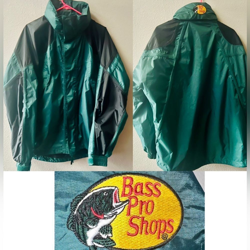 Bass Pro Shops Green/Blk. Windbreaker Jacket Mesh Lining Outdoorsman Mens Size L